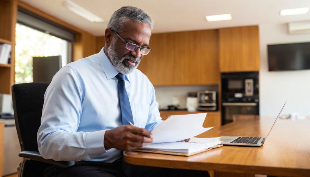 Nursing home administrator reviewing patient care records.