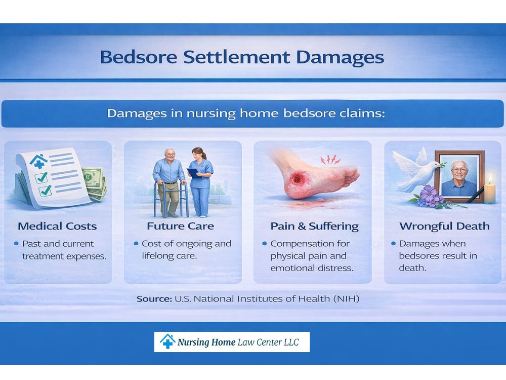 Graphic listing damages in nursing home bedsore claims such as medical costs, future care, pain and suffering, and wrongful death