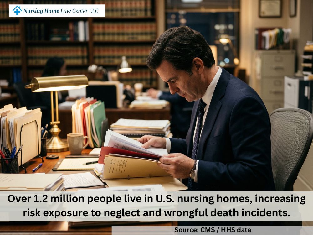 Lawyer preparing a fatal nursing home neglect lawsuit with care records and legal documents on a desk