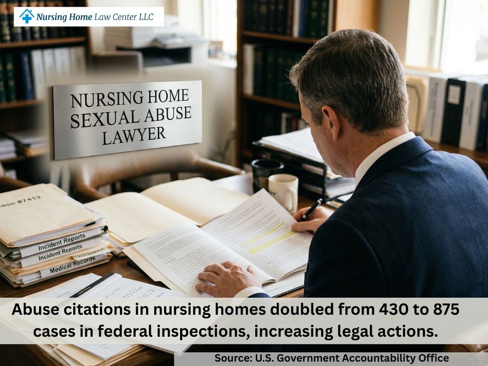 Attorney investigating a nursing home sexual abuse claim with files, notes, and resident care records spread across a desk