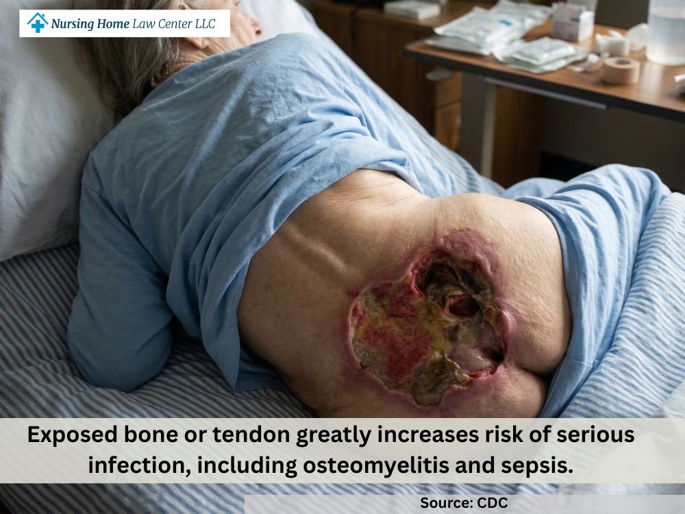 Stage 4 bed sore with full-thickness tissue loss and visible deep structures in the wound bed