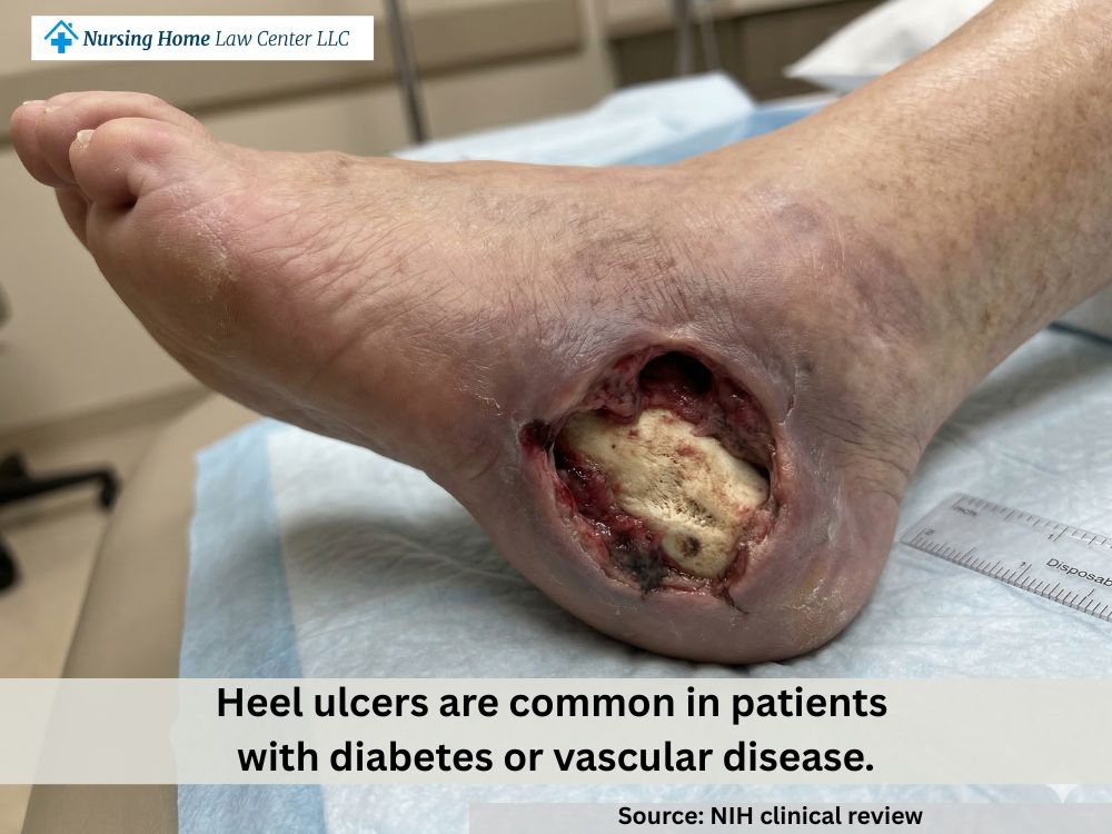 Stage 4 bed sore on the heel with full-thickness tissue loss over a bony prominence