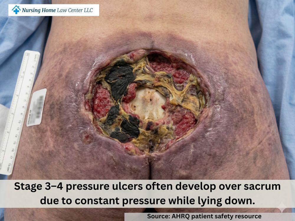 Stage 4 bed sore with necrotic tissue and dark eschar along the wound edges