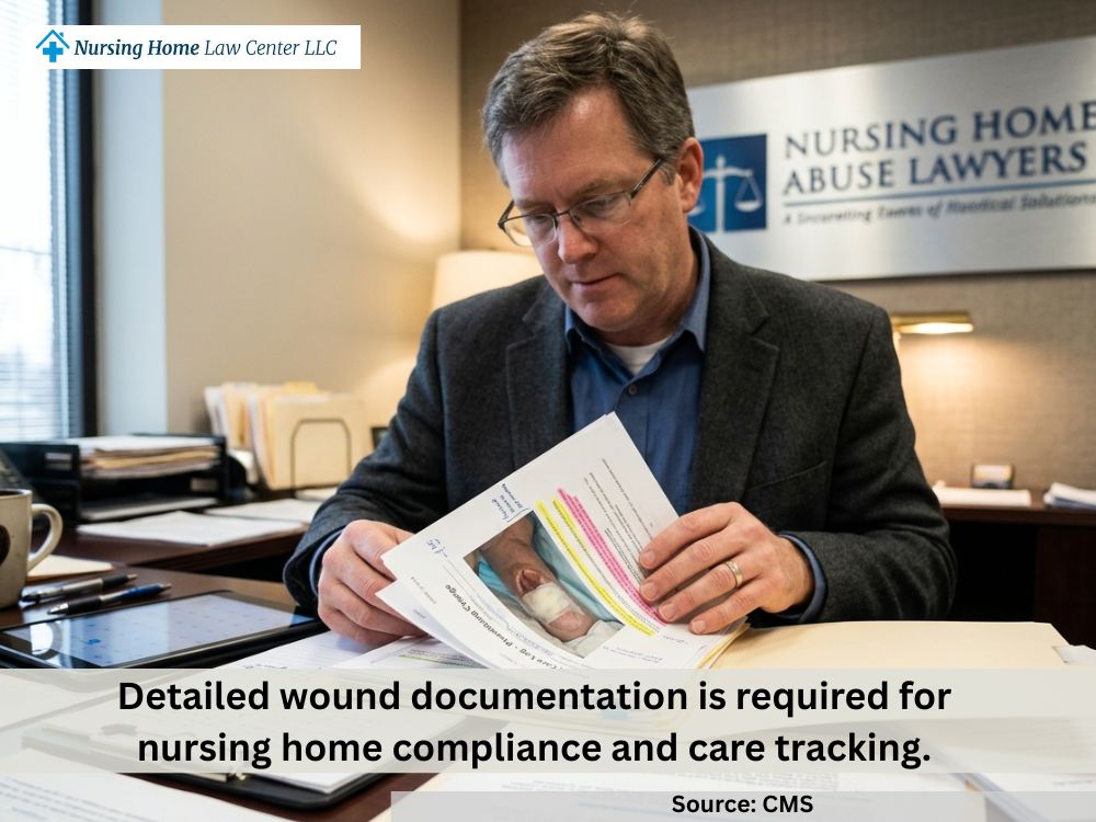 Wound photographs, treatment records, and infection notes gathered as evidence in a fatal bedsore claim