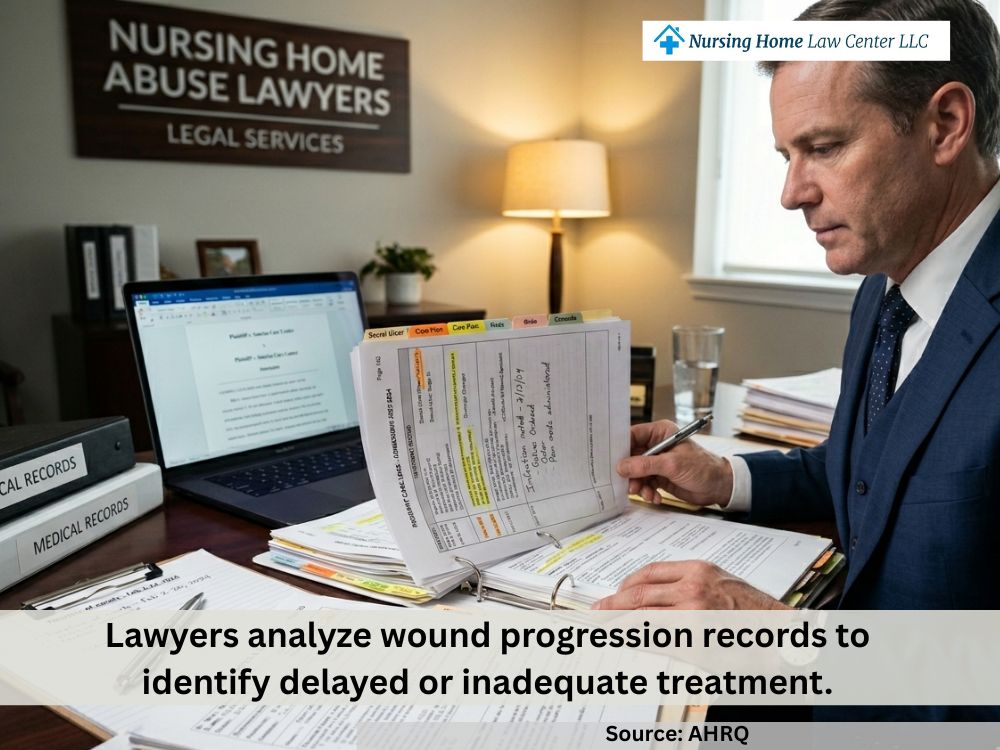 Lawyer reviewing nursing home records after a resident died from infected bedsores