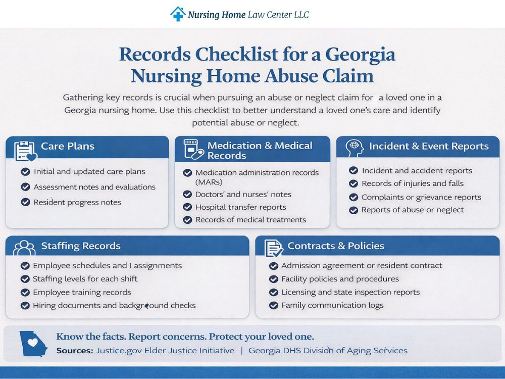 Records checklist for a Georgia nursing home abuse claim including care plans, medication logs, incident reports, and staffing